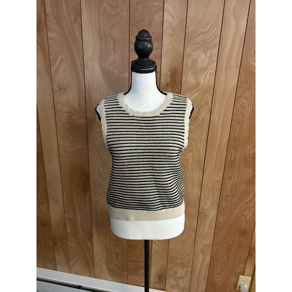 Gap Women Black Cream Striped Cotton Knit Sweater Vest Sleeveless Crew Neck S